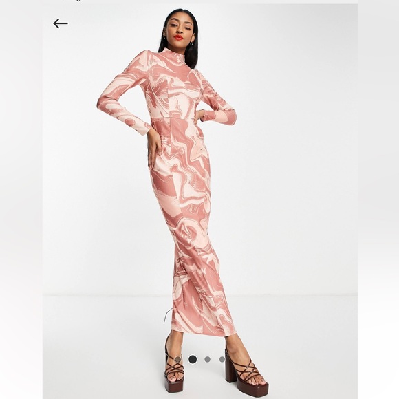 ASOS DESIGN Pink Swirl Structured Maxi Dress Long Sleeve Size 6 - Picture 3 of 8